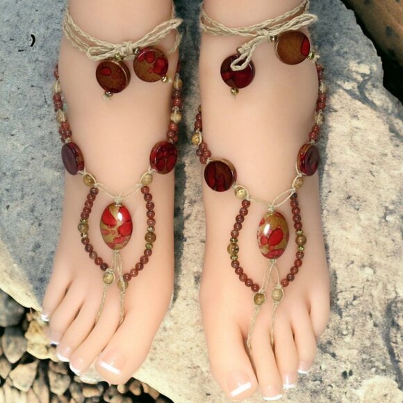 NEW Red & Tan Jasper Gemstone Beaded Barefoot Sandals. Foot jewelry. - Picture 3 of 5